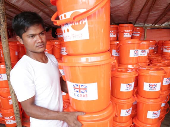 Distributing UK aid hygiene kits to Rohingya refugees in Bangladesh