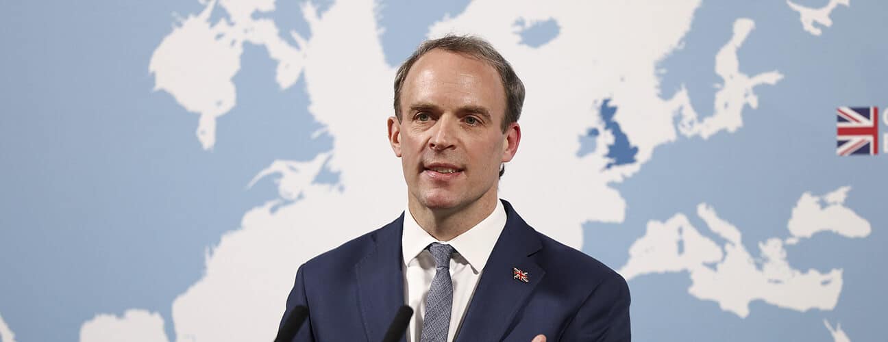 Dominic Raab gives a speech at the Aspen Security Forum at the Locarno Suite inside the Foreign Commonwealth and Development Office in London