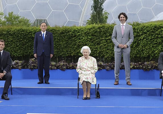 Her Majesty, Queen Elizabeth II, sits for a group photograph with all the G7 leaders at the Eden Project before the G7 leaders’ evening dinner and reception