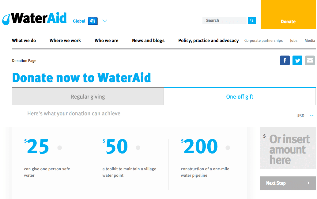 WaterAid donation landing page