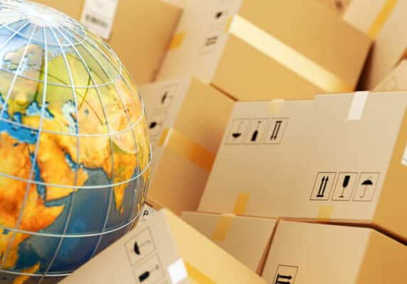 Distribution warehouse, international package shipping, global freight transportation concept