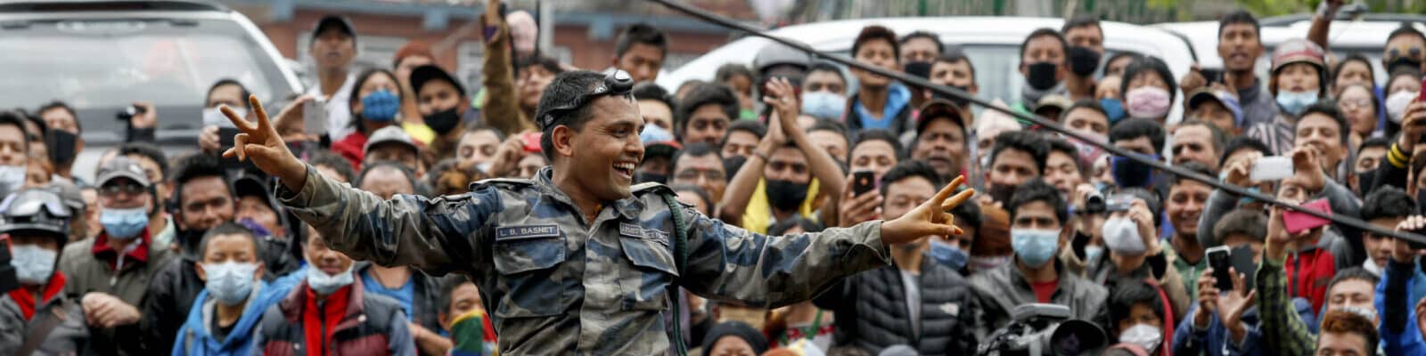 Rescue workers celebrate in Nepal