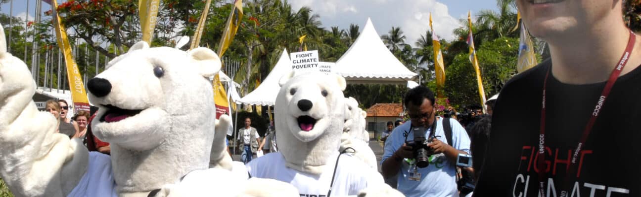 Oxfam's Polar Bears protested in support of humans who are also losing their habitat and natural resources due to Climate Change at the UN Climate Change Conference on Thursday 6 December, 2007. Photo Ng Swan Ti.