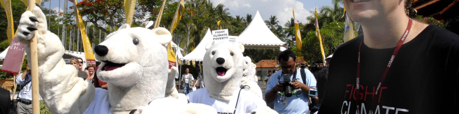 Oxfam's Polar Bears protested in support of humans who are also losing their habitat and natural resources due to Climate Change at the UN Climate Change Conference on Thursday 6 December, 2007. Photo Ng Swan Ti.