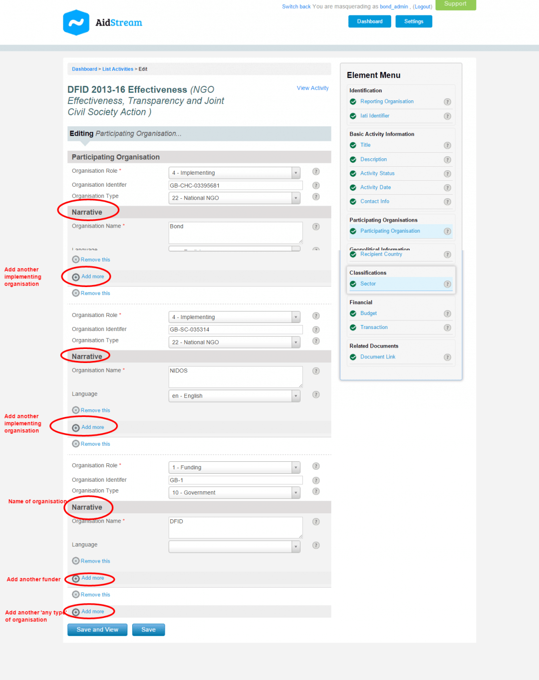 Participating organisation screen in AidStream