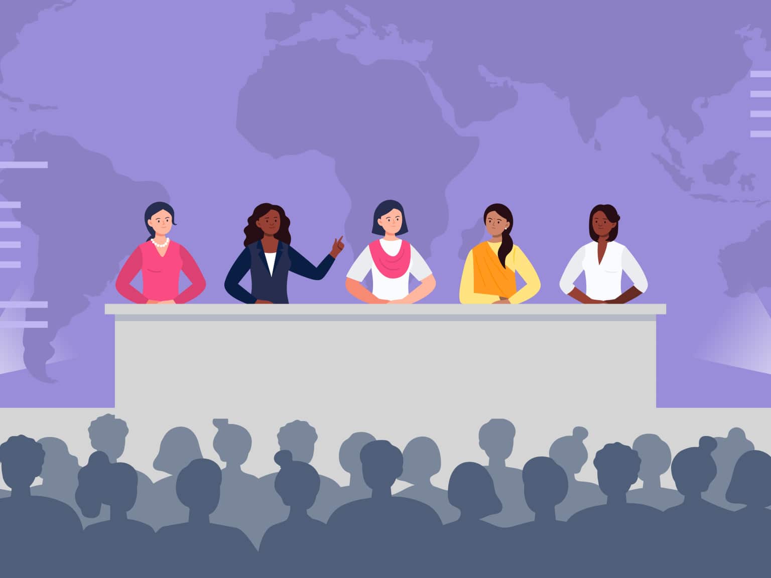 Multiethnic women sitting at the desk on stage and speak to an audience.