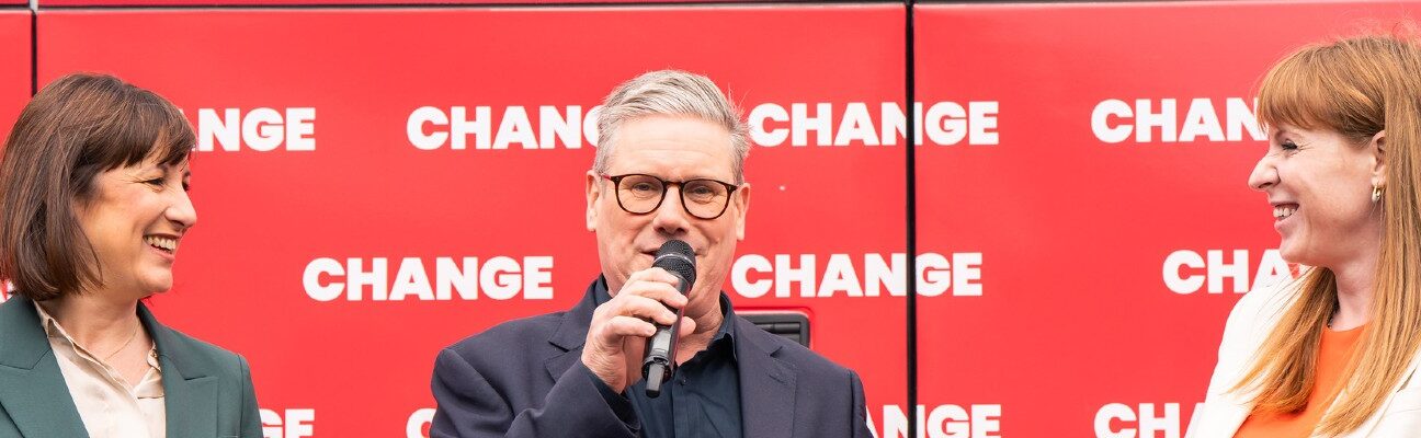 Keir Starmer, Angela Rayner and Rachel Reeves launch Labour’s campaign bus at Uxbridge College whilst on the General Election campaign trail. Credit: Keir Starmer -