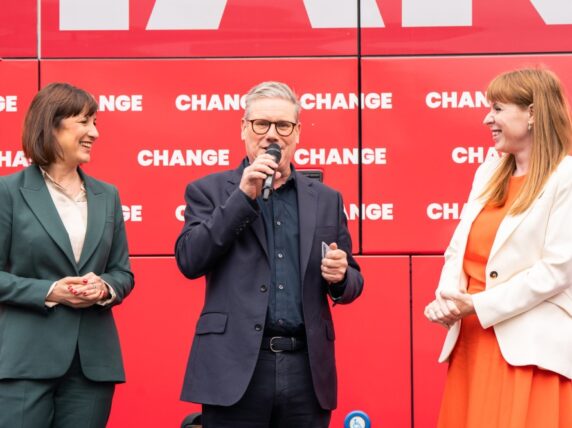 Keir Starmer, Angela Rayner and Rachel Reeves launch Labour’s campaign bus at Uxbridge College whilst on the General Election campaign trail. Credit: Keir Starmer - ATTRIBUTION-NONCOMMERCIAL-NODERIVS 2.0 GENERIC